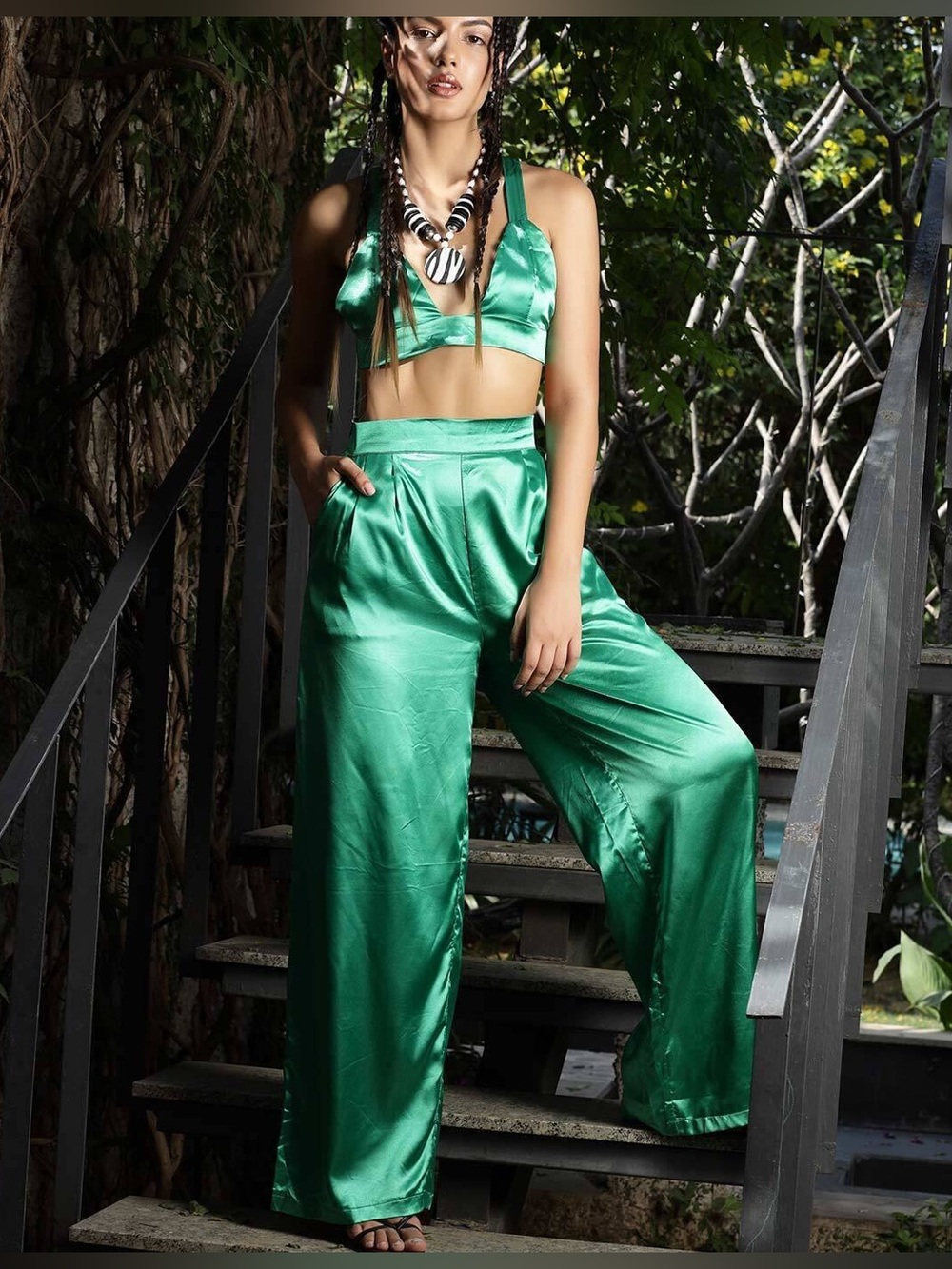Green Satin Wide-Leg Pants - Women's High-Waist